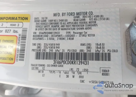 2019 Ford Fusion Sel из США, поврежденный, VIN 3FA6P0CD0KR139431